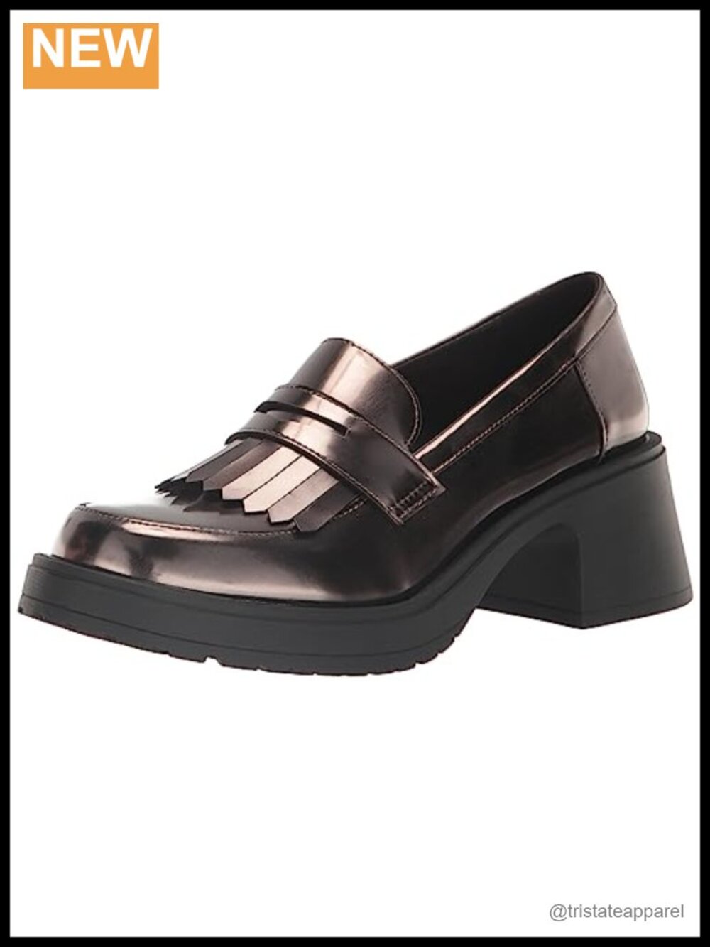 Heeled Loafer with Kilted Upper and Metal Plate Embellishment